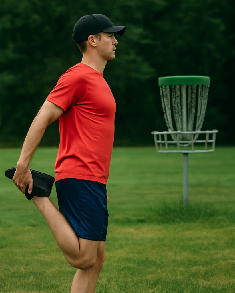 Jugador de disc golf estirando frente a una canasta antes de comenzar la partida