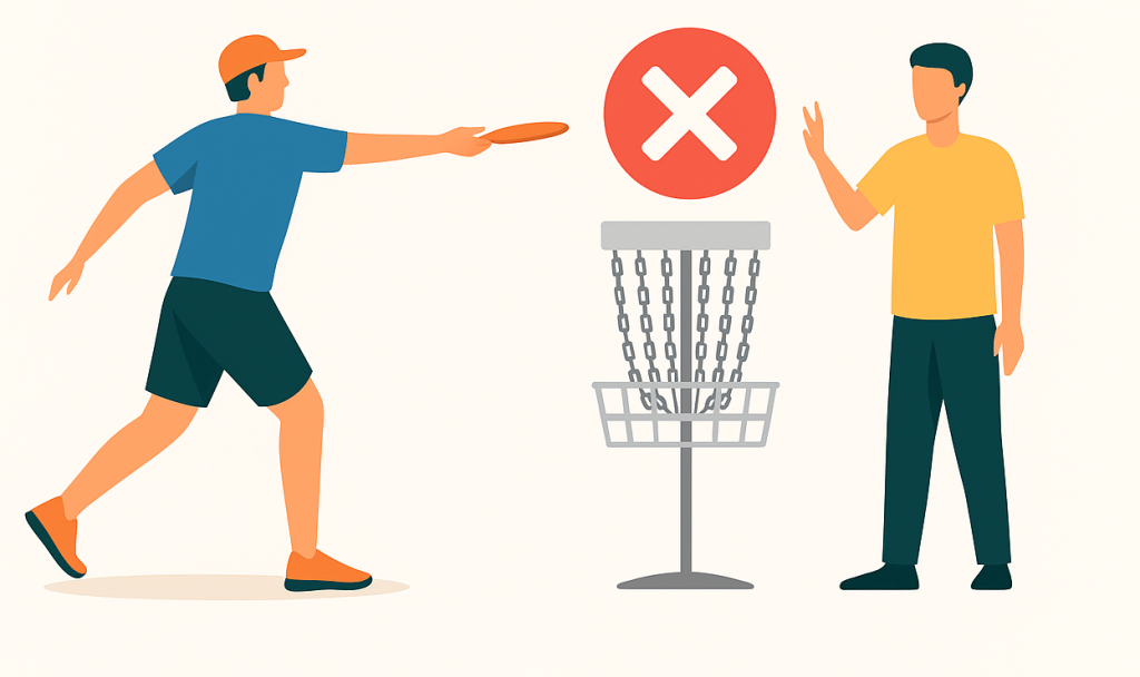 Ilustración de un jugador de disc golf realizando un lanzamiento incorrecto con señal de advertencia