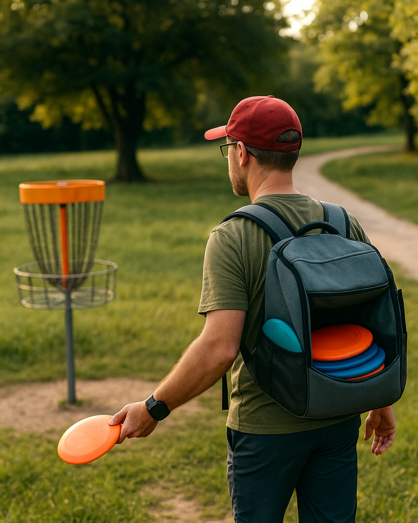 Jugador de disc golf preparado con mochila y discos frente a la canasta en el campo